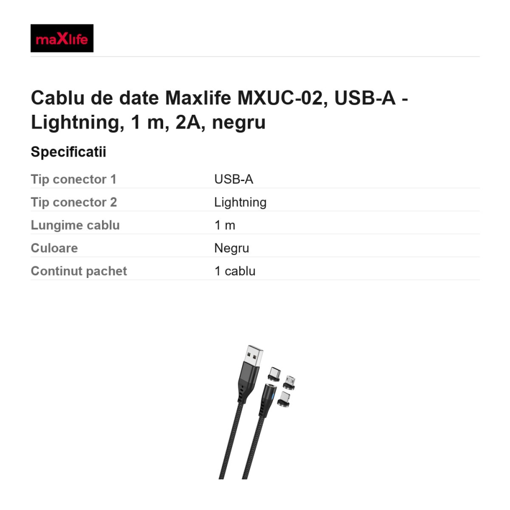 Cablu de date Maxlife MXUC-02, USB-A - Lightning, 1 m, 2A, negru [3]