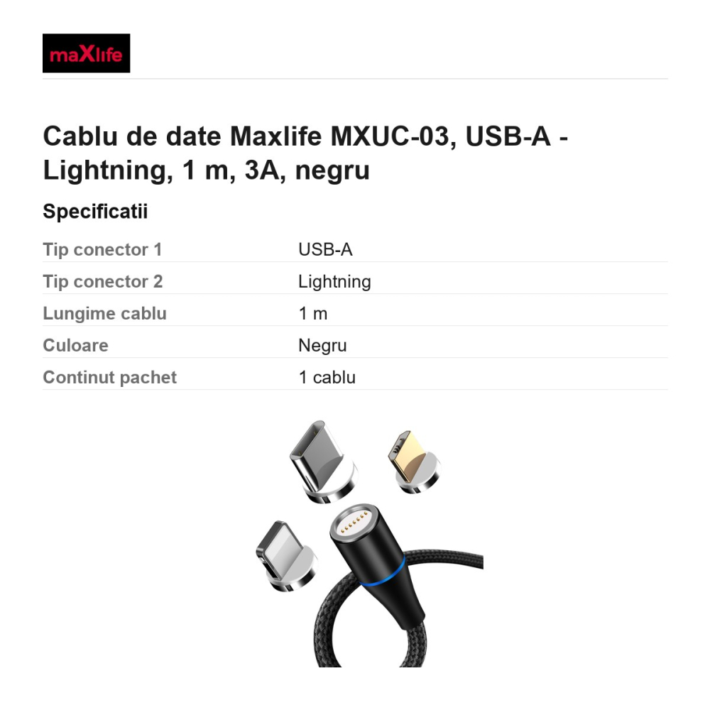 Cablu de date Maxlife MXUC-03, USB-A - Lightning, 1 m, 3A, negru [3]