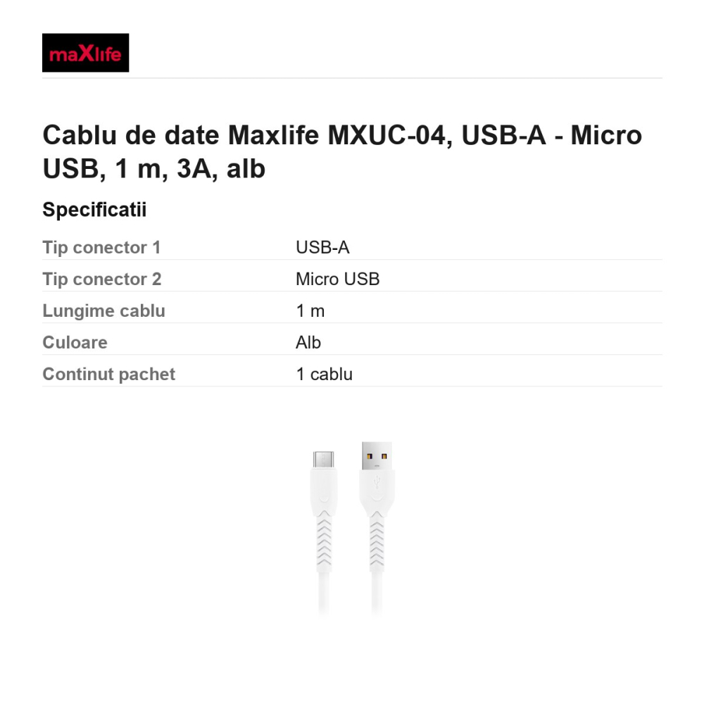 Cablu de date Maxlife MXUC-04, USB-A - Micro USB, 1 m, 3A, alb [3]