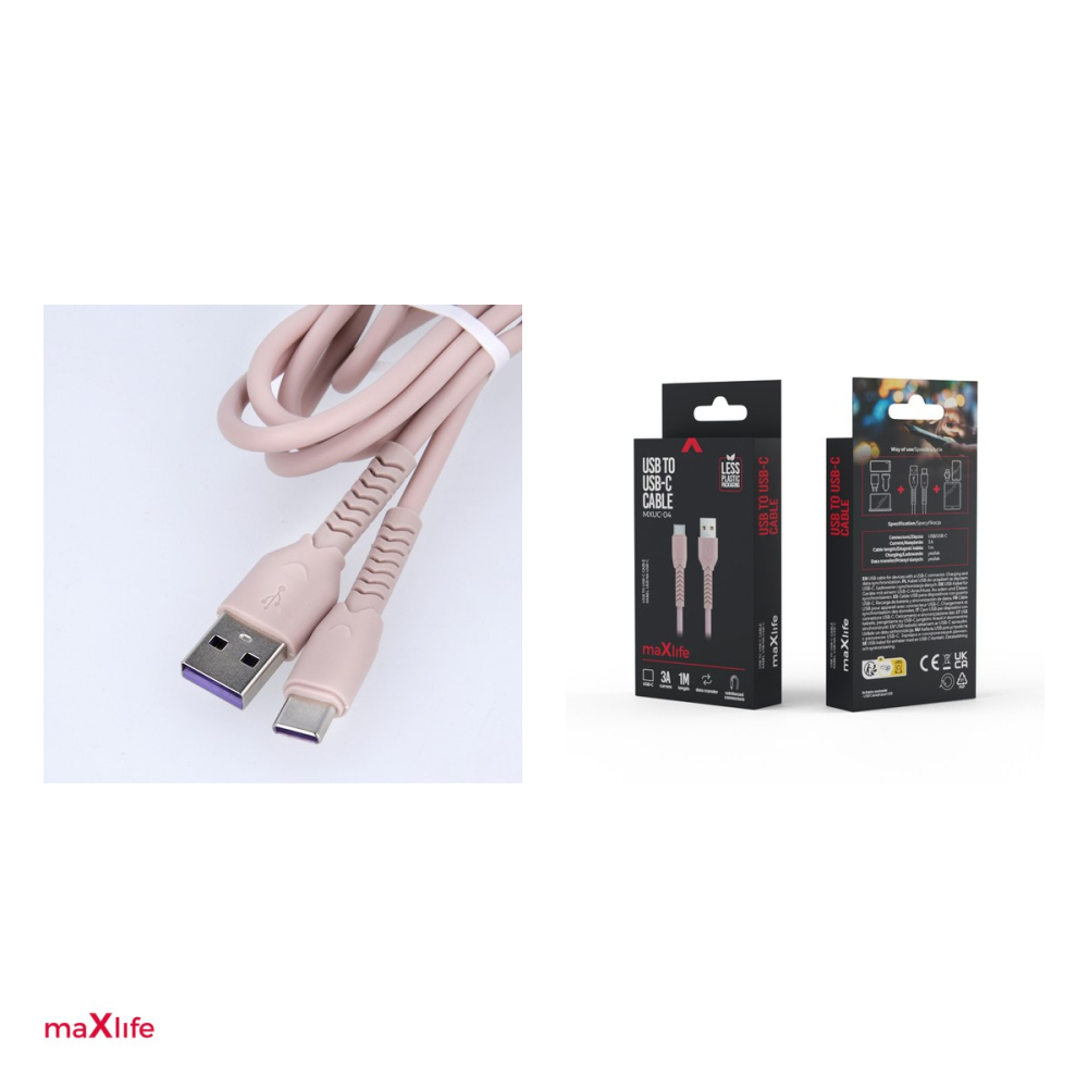 Cablu de date Maxlife MXUC-04, USB-A tata la USB-C tata, lungime 1 m, 3A, 15W, conectori protejati, in cutie, roz [5]