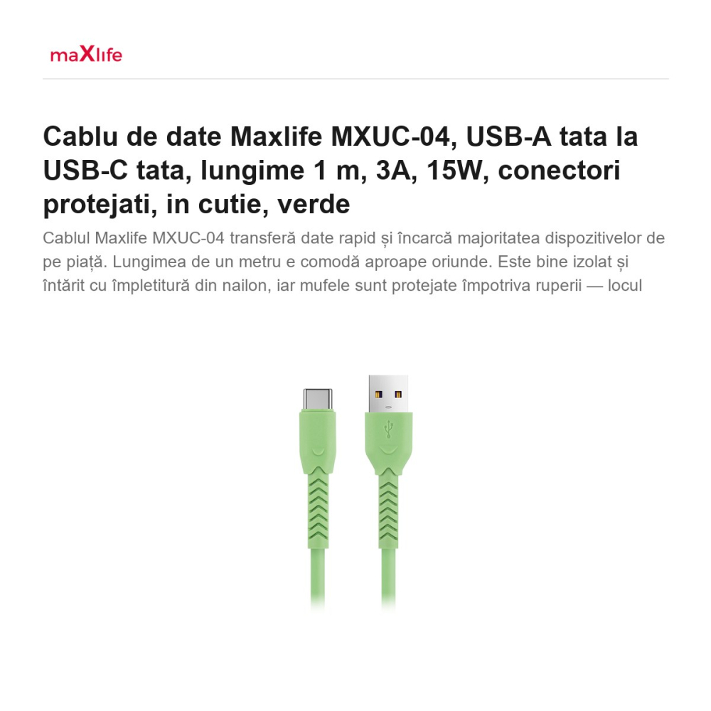 Cablu de date Maxlife MXUC-04, USB-A tata la USB-C tata, lungime 1 m, 3A, 15W, conectori protejati, in cutie, verde [2]