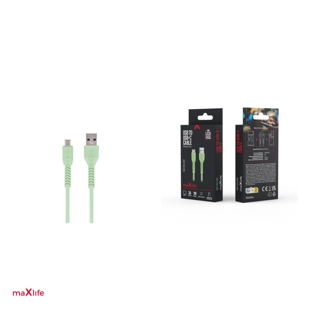 Cablu de date Maxlife MXUC-04, USB-A tata la USB-C tata, lungime 1 m, 3A, 15W, conectori protejati, in cutie, verde [4]