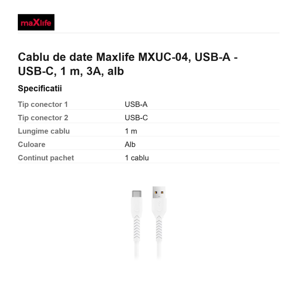 Cablu de date Maxlife MXUC-04, USB-A - USB-C, 1 m, 3A, alb [3]