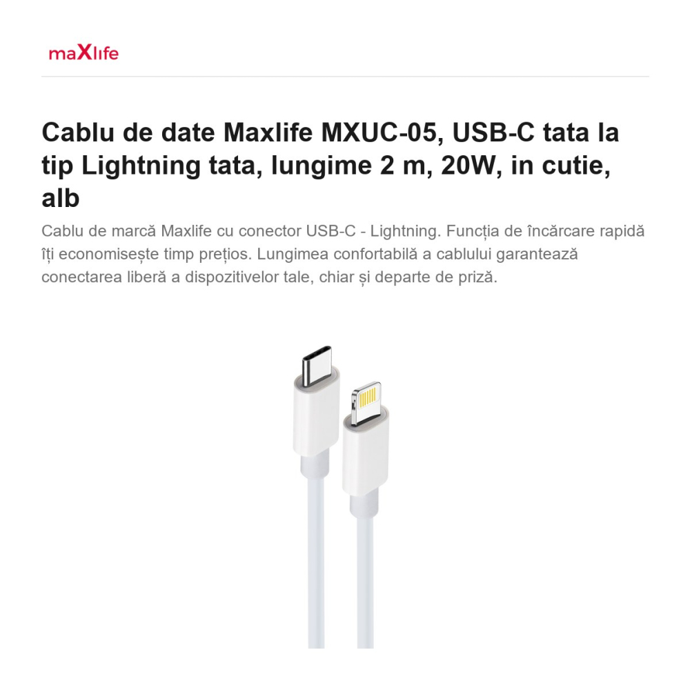 Cablu de date Maxlife MXUC-05, USB-C tata la tip Lightning tata, lungime 2 m, 20W, in cutie, alb [2]
