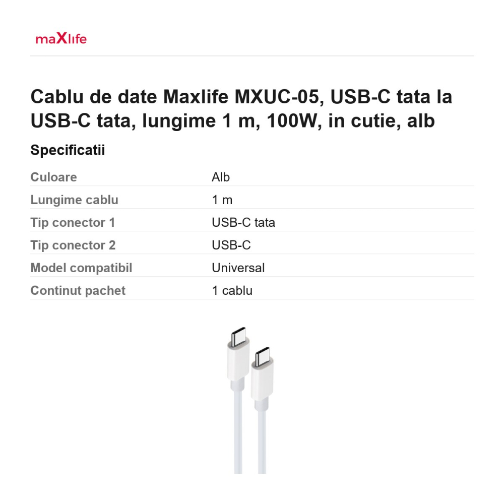 Cablu de date Maxlife MXUC-05, USB-C tata la USB-C tata, lungime 1 m, 100W, in cutie, alb [3]