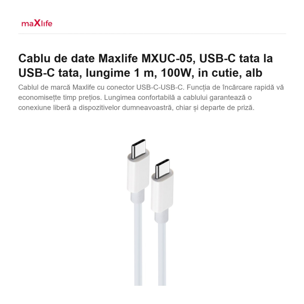 Cablu de date Maxlife MXUC-05, USB-C tata la USB-C tata, lungime 1 m, 100W, in cutie, alb [2]