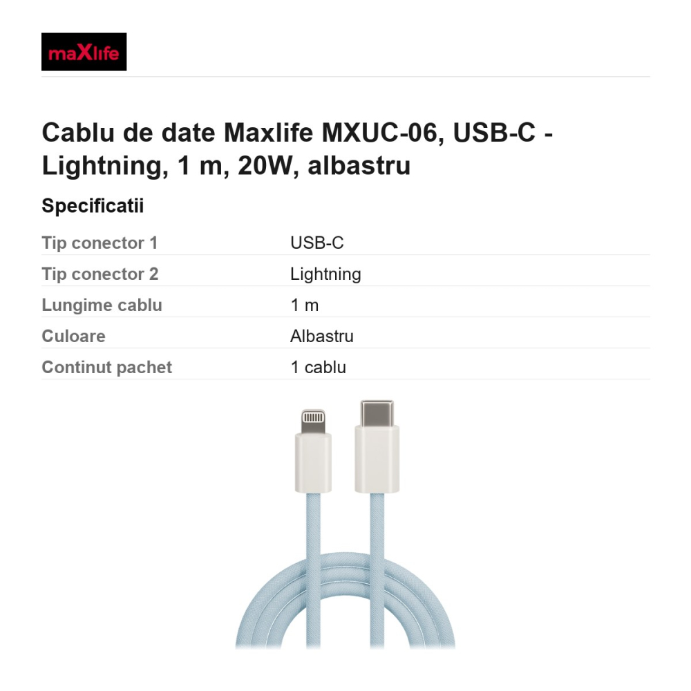 Cablu de date Maxlife MXUC-06, USB-C - Lightning, 1 m, 20W, albastru [3]