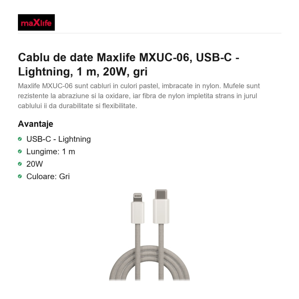 Cablu de date Maxlife MXUC-06, USB-C - Lightning, 1 m, 20W, gri [2]