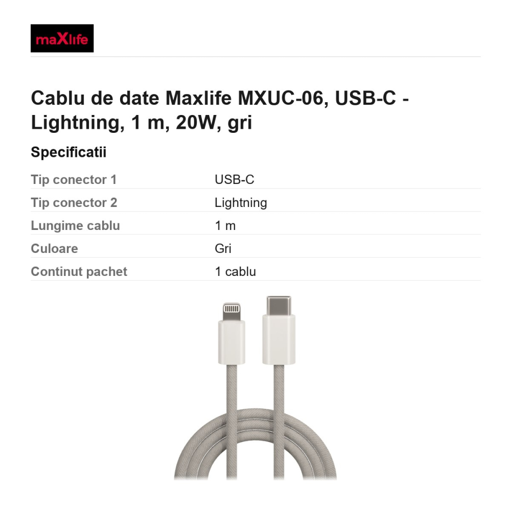 Cablu de date Maxlife MXUC-06, USB-C - Lightning, 1 m, 20W, gri [3]