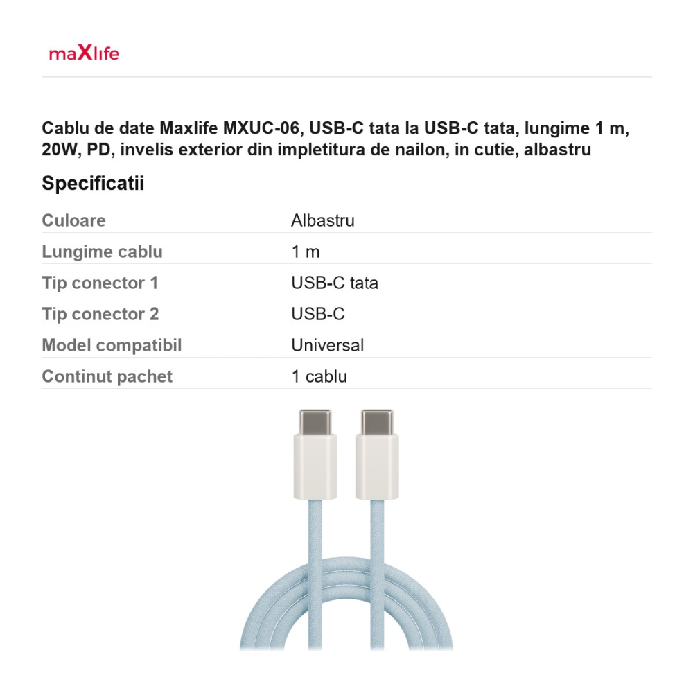 Cablu de date Maxlife MXUC-06, USB-C tata la USB-C tata, lungime 1 m, 20W, PD, invelis exterior din impletitura de nailon, in cutie, albastru [3]