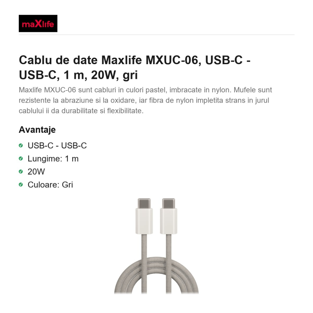 Cablu de date Maxlife MXUC-06, USB-C - USB-C, 1 m, 20W, gri [2]