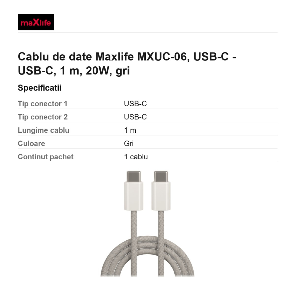 Cablu de date Maxlife MXUC-06, USB-C - USB-C, 1 m, 20W, gri [3]