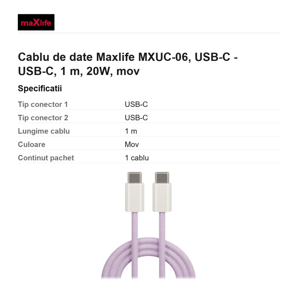 Cablu de date Maxlife MXUC-06, USB-C - USB-C, 1 m, 20W, mov [3]