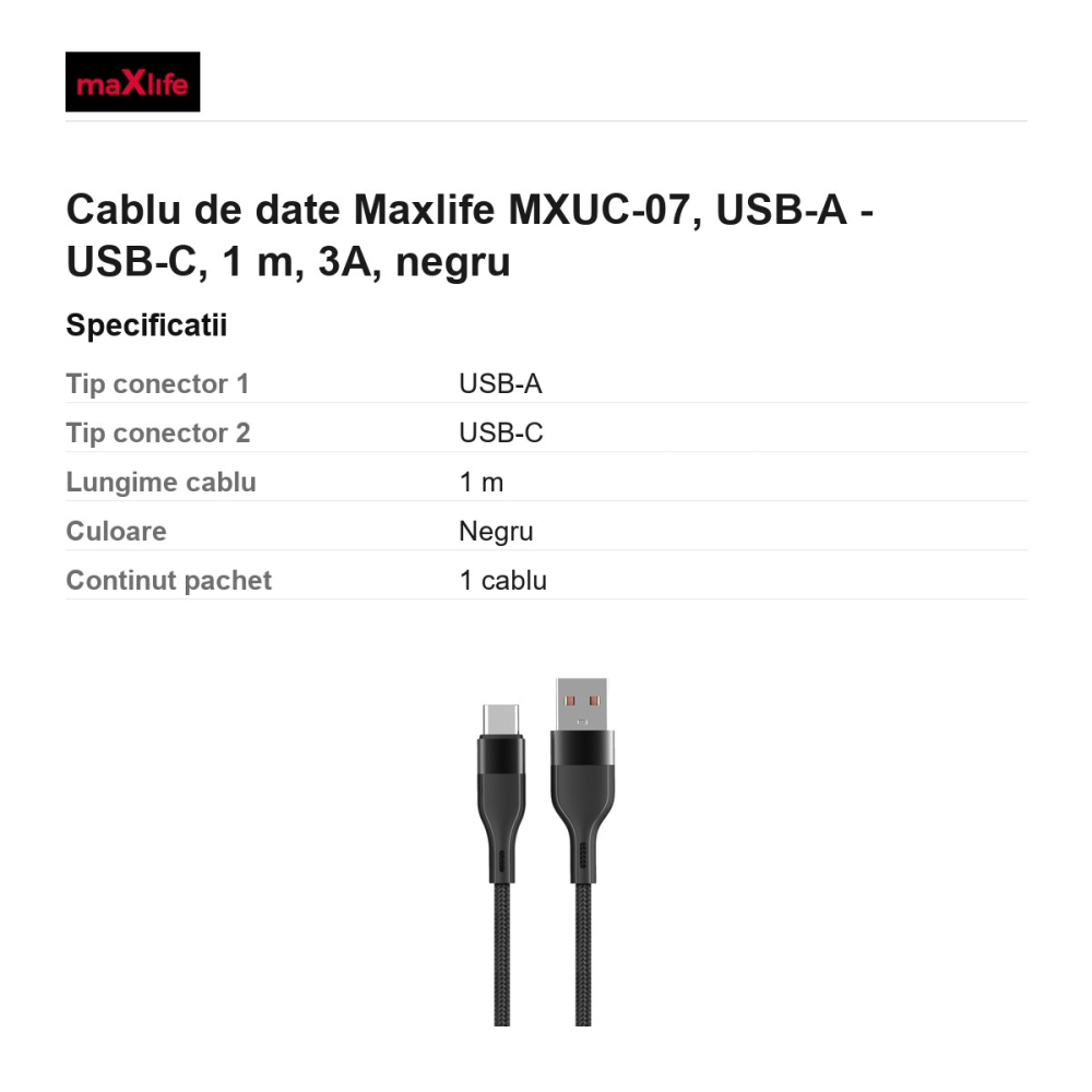 Cablu de date Maxlife MXUC-07, USB-A - USB-C, 1 m, 3A, negru [3]