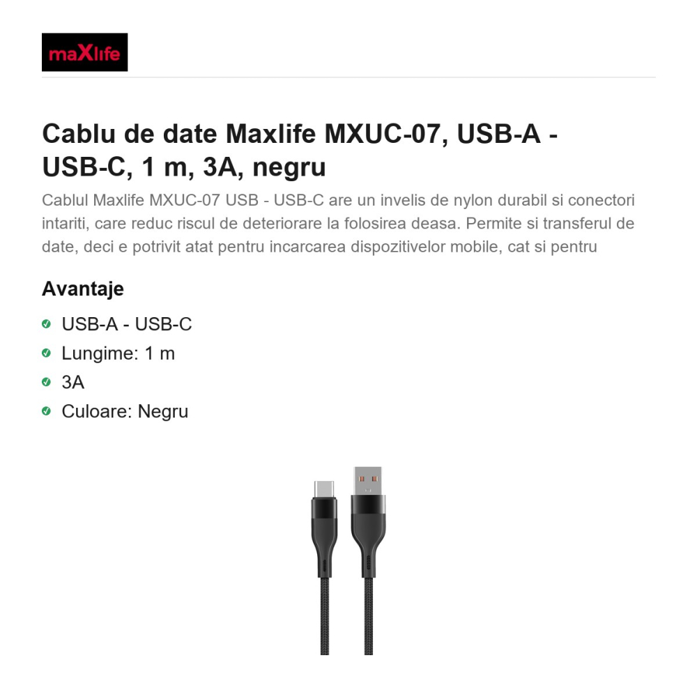 Cablu de date Maxlife MXUC-07, USB-A - USB-C, 1 m, 3A, negru [2]
