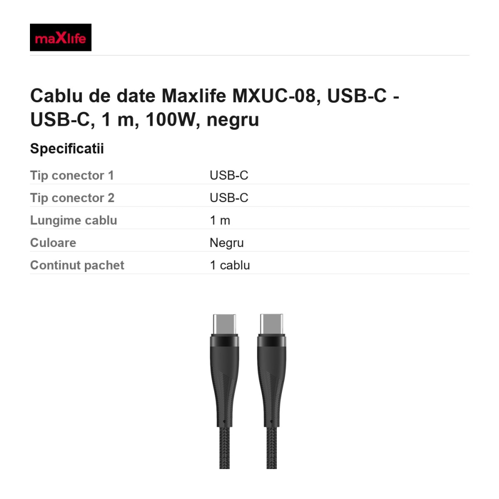 Cablu de date Maxlife MXUC-08, USB-C - USB-C, 1 m, 100W, negru [3]