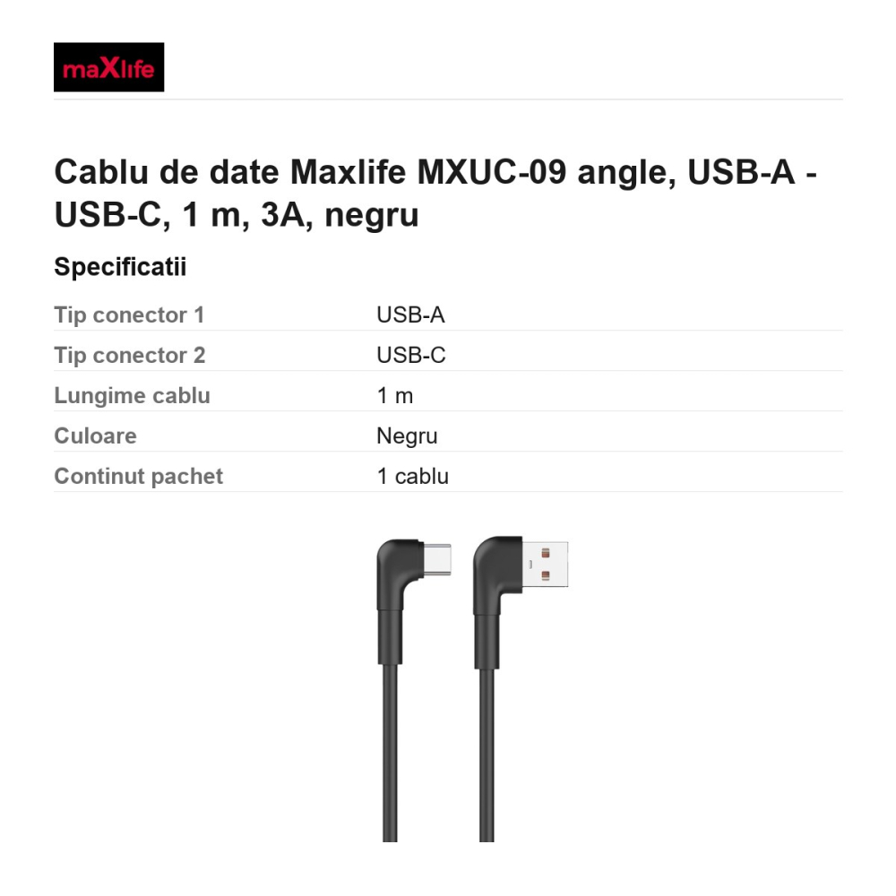 Cablu de date Maxlife MXUC-09 angle, USB-A - USB-C, 1 m, 3A, negru [3]