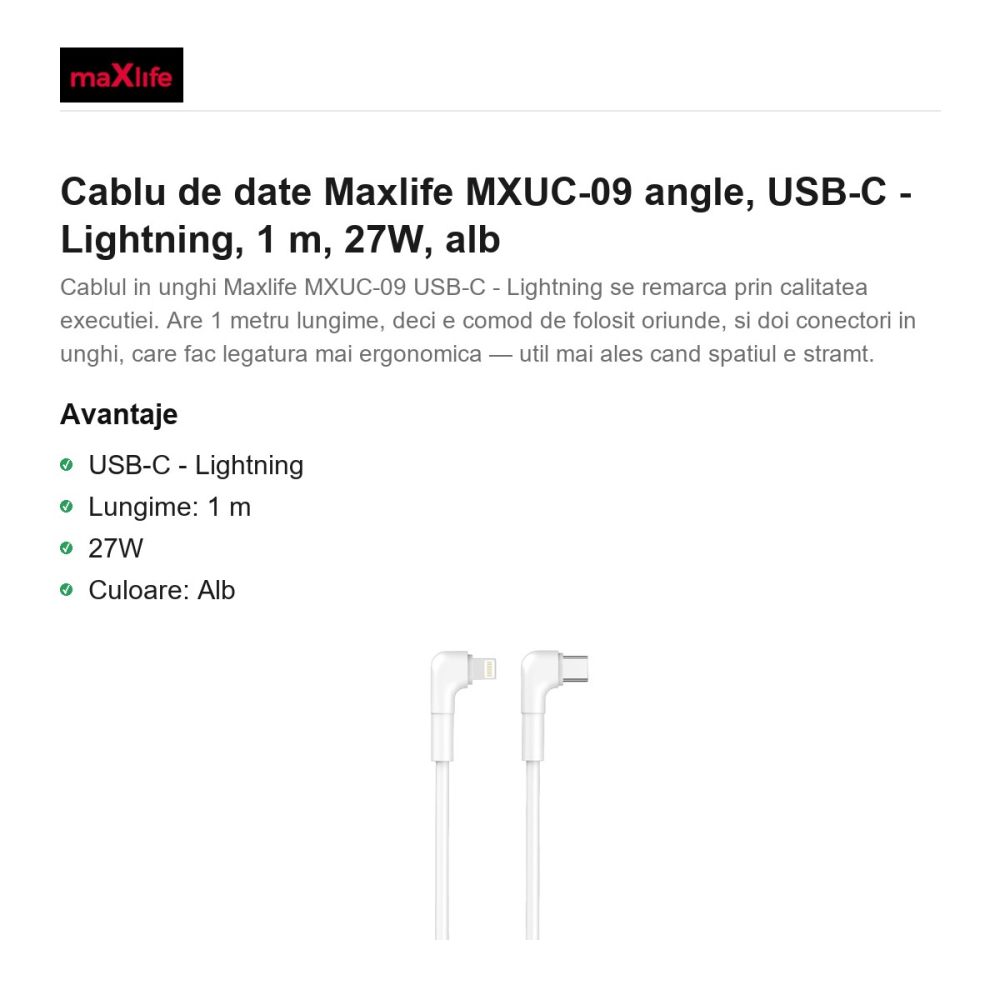 Cablu de date Maxlife MXUC-09 angle, USB-C - Lightning, 1 m, 27W, alb [2]