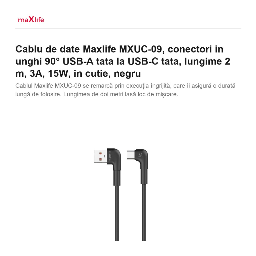 Cablu de date Maxlife MXUC-09, conectori in unghi 90° USB-A tata la USB-C tata, lungime 2 m, 3A, 15W, in cutie, negru [2]