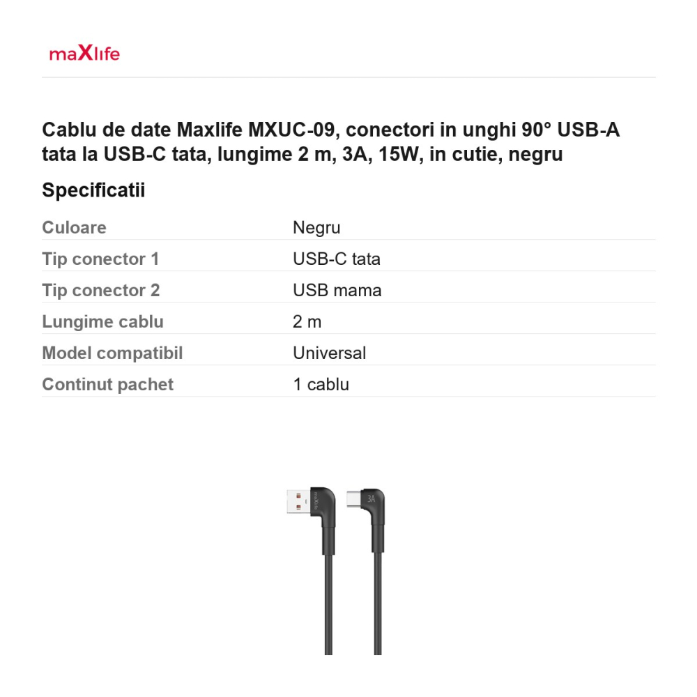 Cablu de date Maxlife MXUC-09, conectori in unghi 90° USB-A tata la USB-C tata, lungime 2 m, 3A, 15W, in cutie, negru [3]