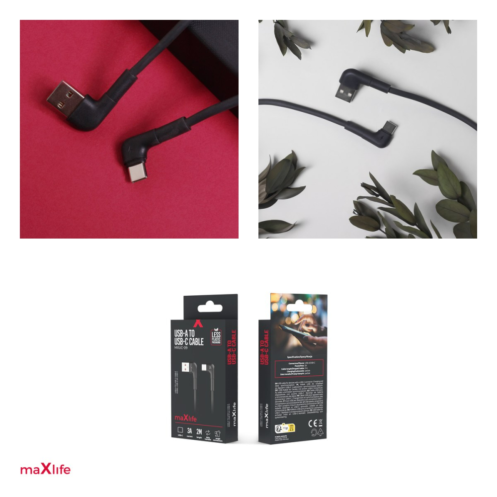 Cablu de date Maxlife MXUC-09, conectori in unghi 90° USB-A tata la USB-C tata, lungime 2 m, 3A, 15W, in cutie, negru [4]