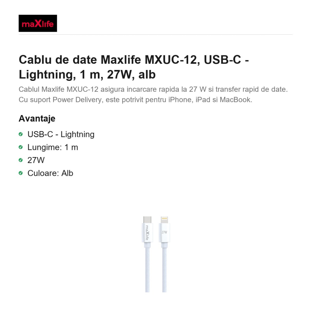 Cablu de date Maxlife MXUC-12, USB-C - Lightning, 1 m, 27W, alb [2]