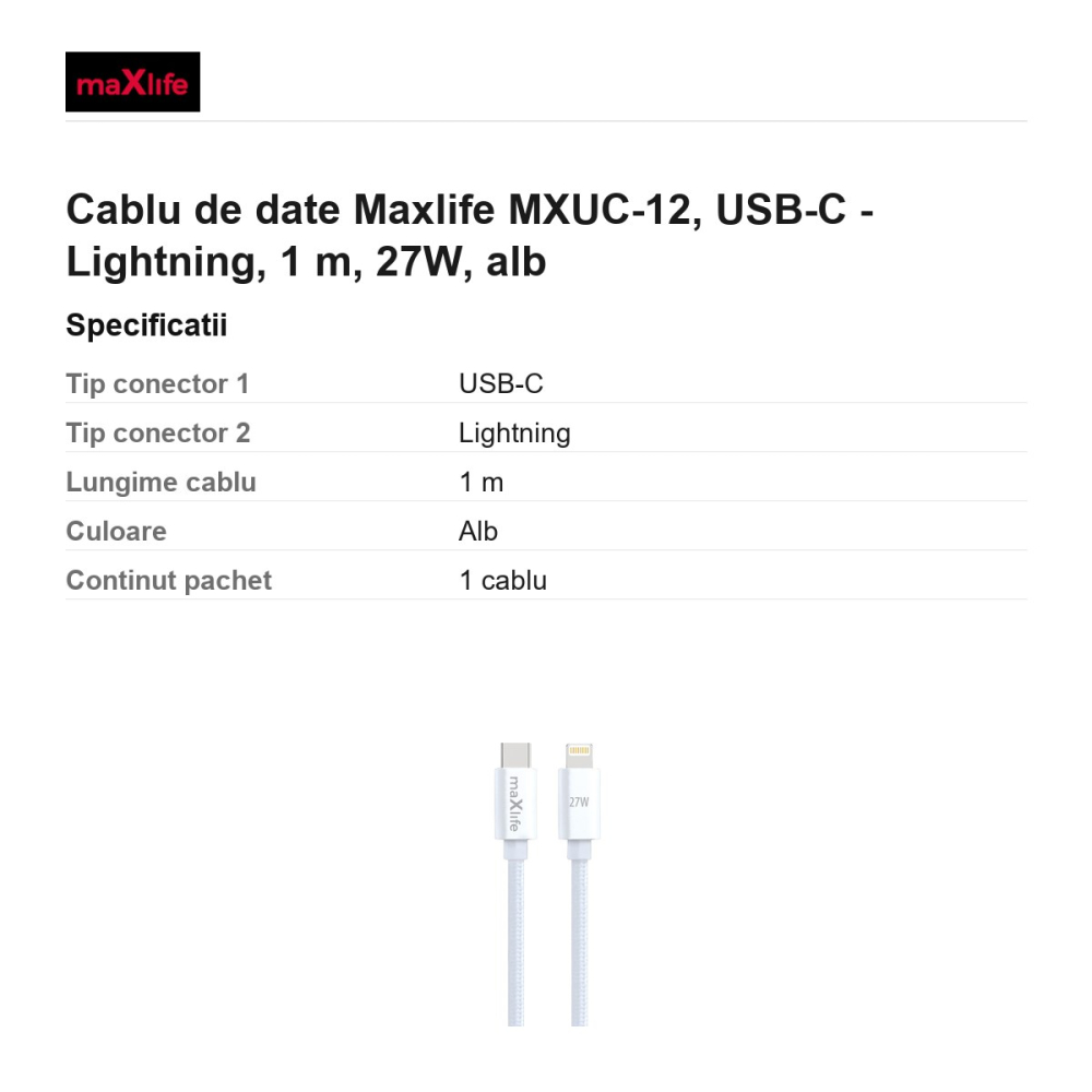 Cablu de date Maxlife MXUC-12, USB-C - Lightning, 1 m, 27W, alb [3]