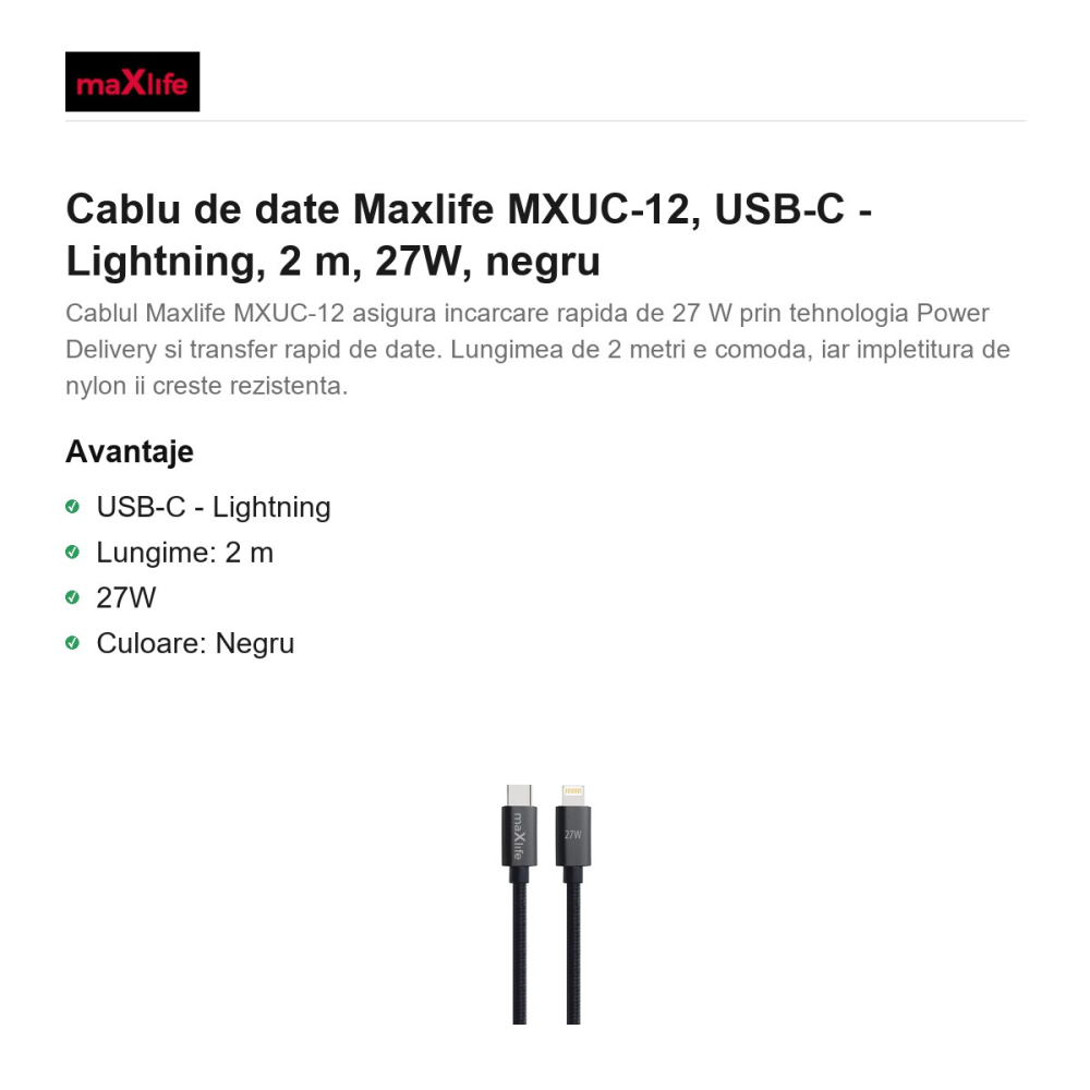 Cablu de date Maxlife MXUC-12, USB-C - Lightning, 2 m, 27W, negru [2]