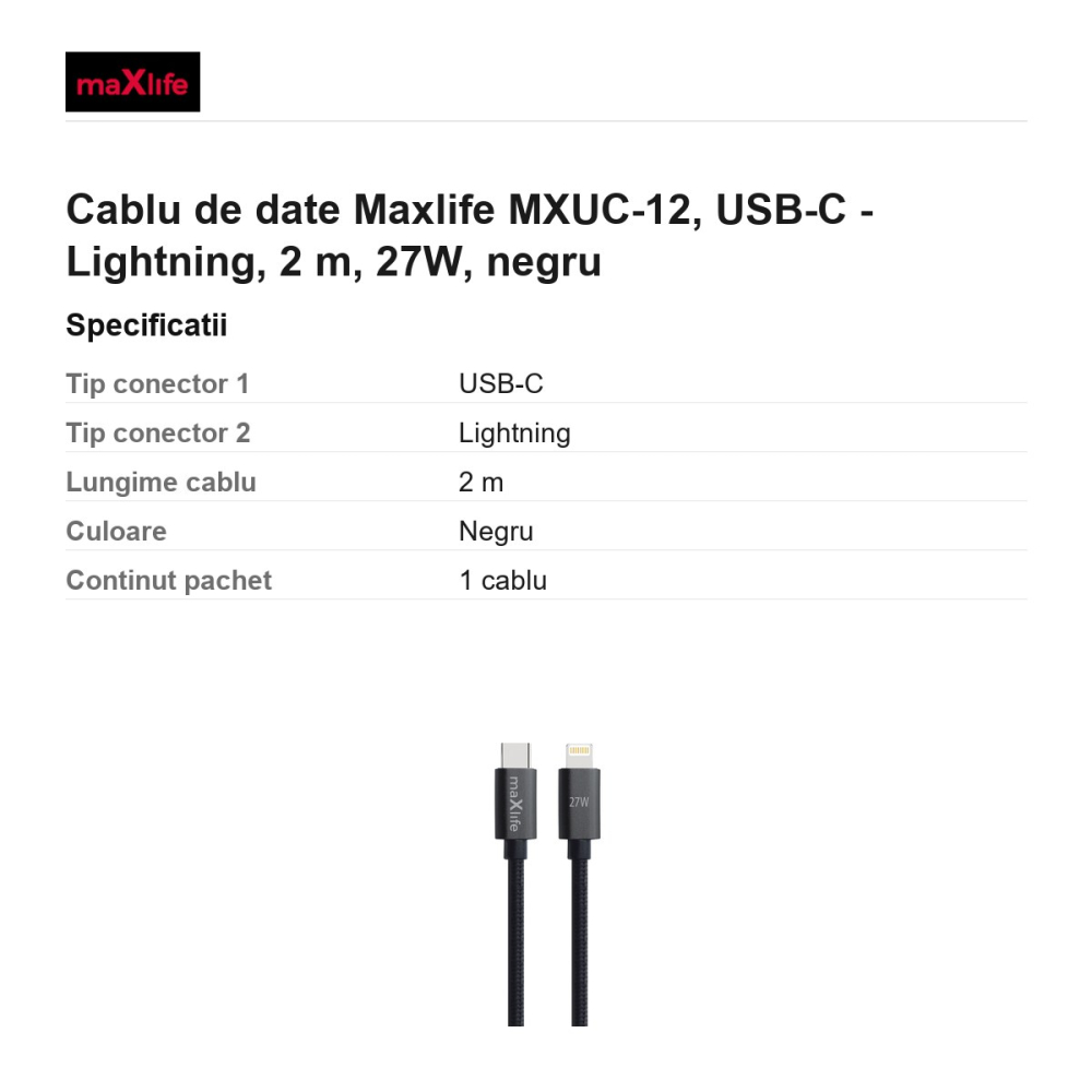 Cablu de date Maxlife MXUC-12, USB-C - Lightning, 2 m, 27W, negru [3]