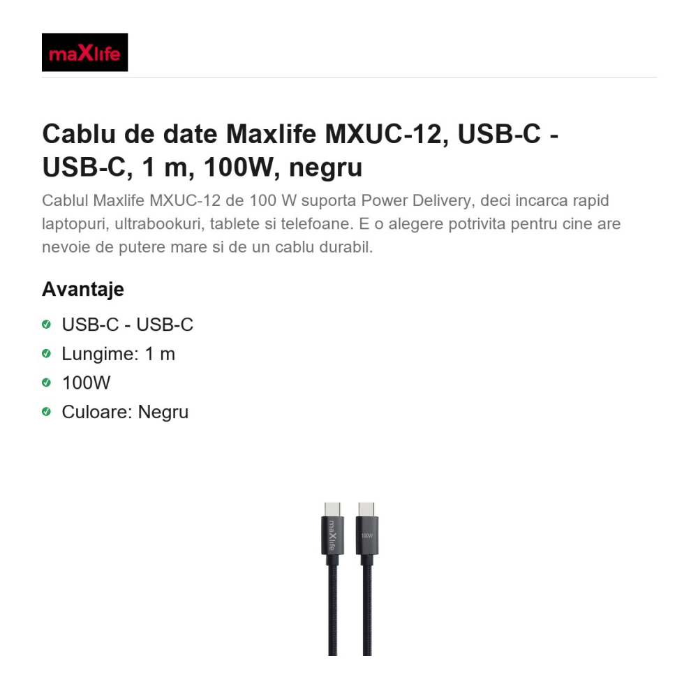 Cablu de date Maxlife MXUC-12, USB-C - USB-C, 1 m, 100W, negru [2]