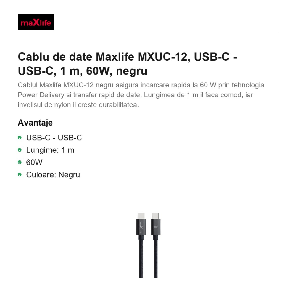 Cablu de date Maxlife MXUC-12, USB-C - USB-C, 1 m, 60W, negru [2]