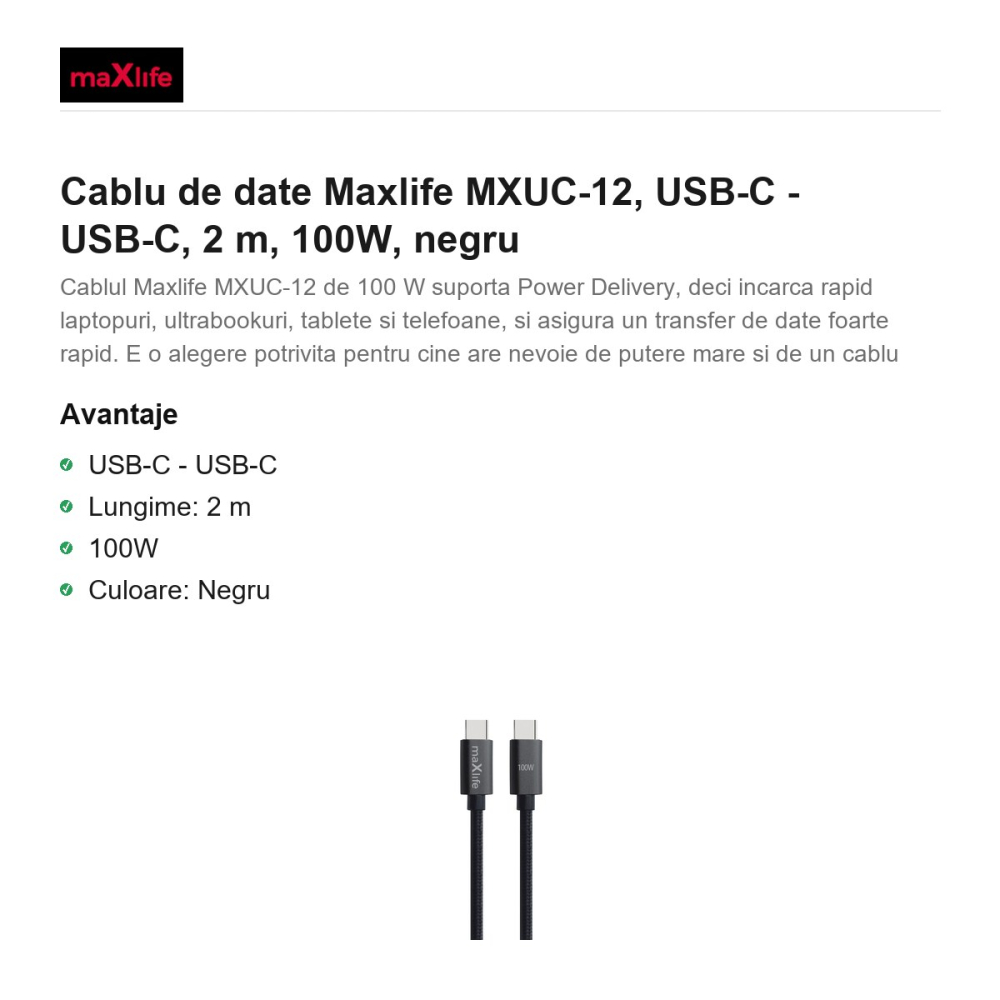 Cablu de date Maxlife MXUC-12, USB-C - USB-C, 2 m, 100W, negru [2]