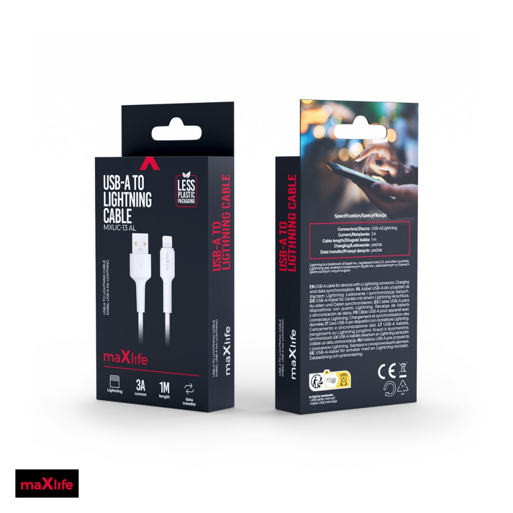 Cablu de date Maxlife MXUC-13, USB-A - Lightning, 1 m, 3A, alb [4]