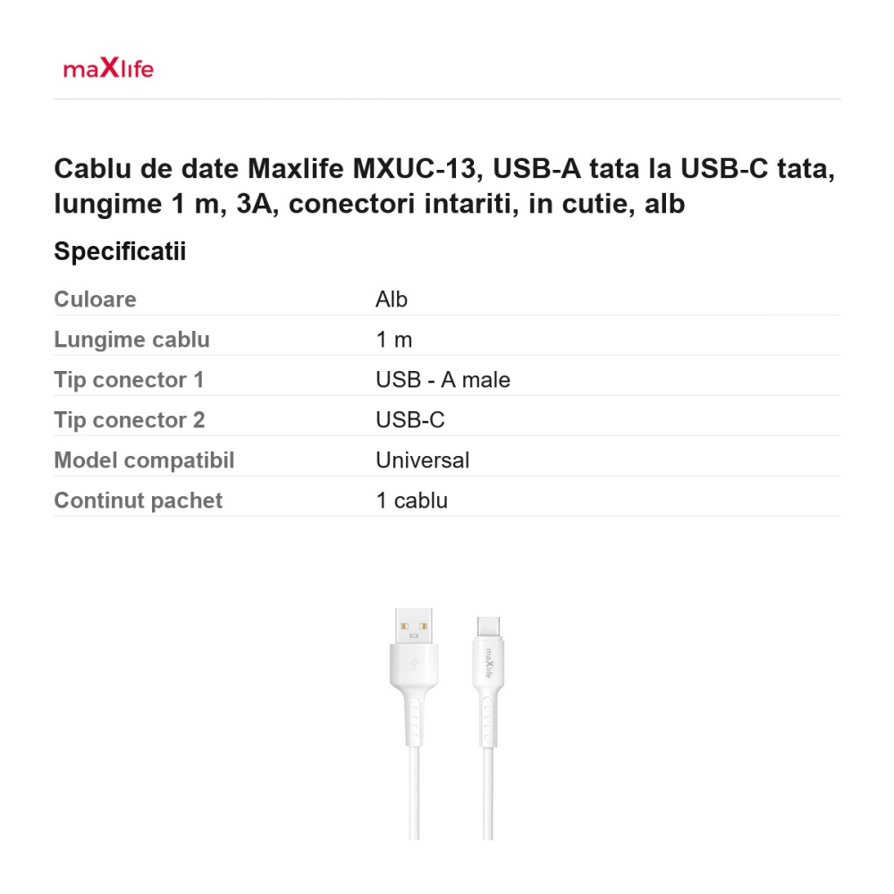 Cablu de date Maxlife MXUC-13, USB-A tata la USB-C tata, lungime 1 m, 3A, conectori intariti, in cutie, alb [3]