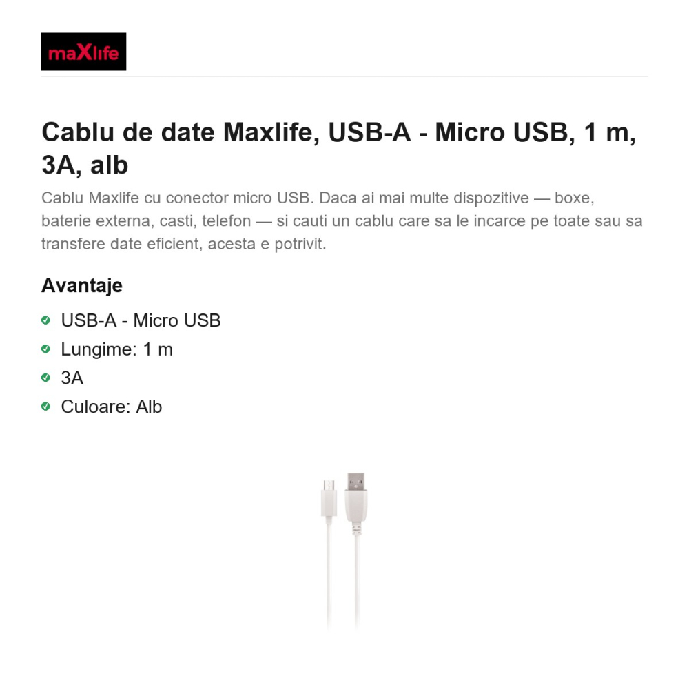 Cablu de date Maxlife, USB-A - Micro USB, 1 m, 3A, alb [2]