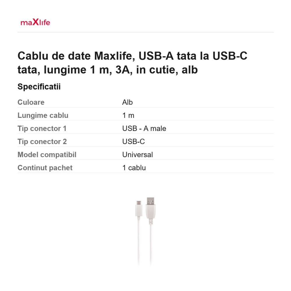 Cablu de date Maxlife, USB-A tata la USB-C tata, lungime 1 m, 3A, in cutie, alb [3]