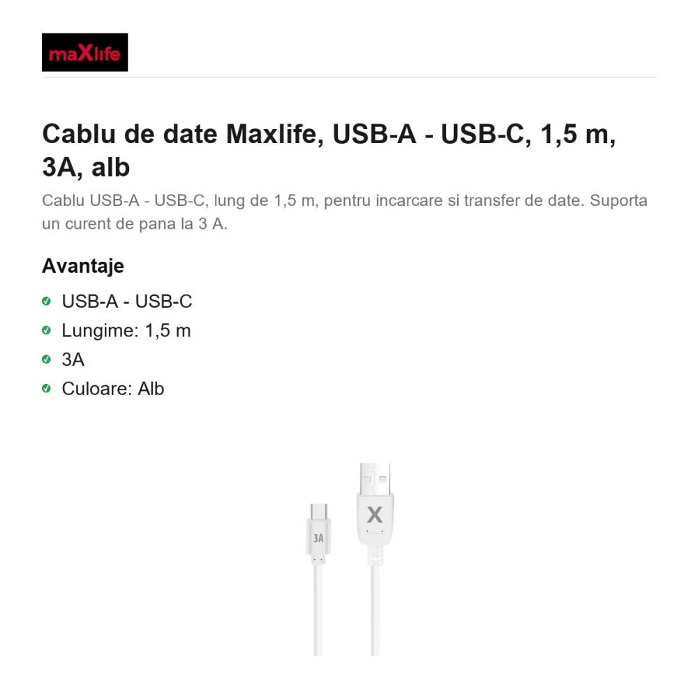 Cablu de date Maxlife, USB-A - USB-C, 1,5 m, 3A, alb [2]