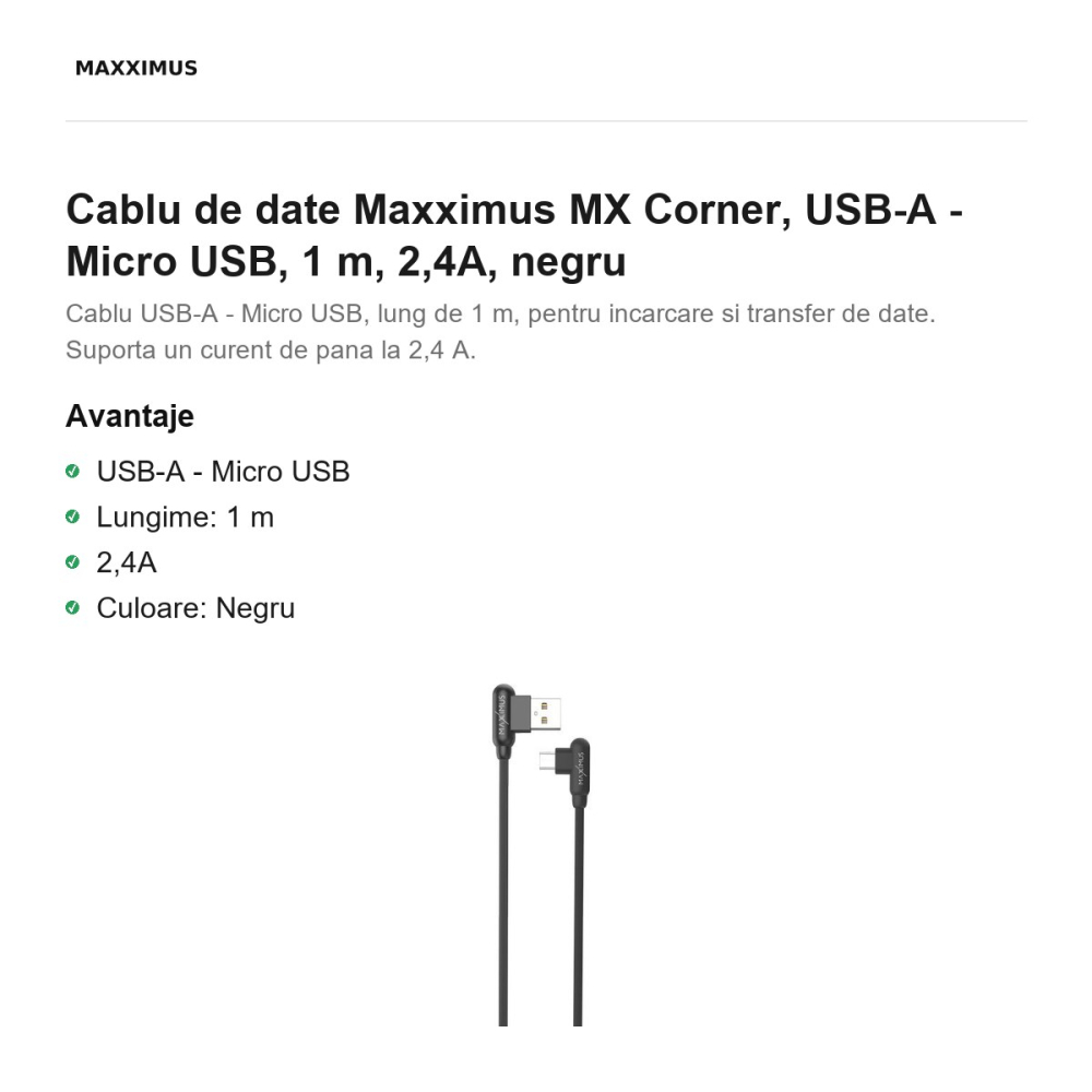 Cablu de date Maxximus MX Corner, USB-A - Micro USB, 1 m, 2,4A, negru [2]