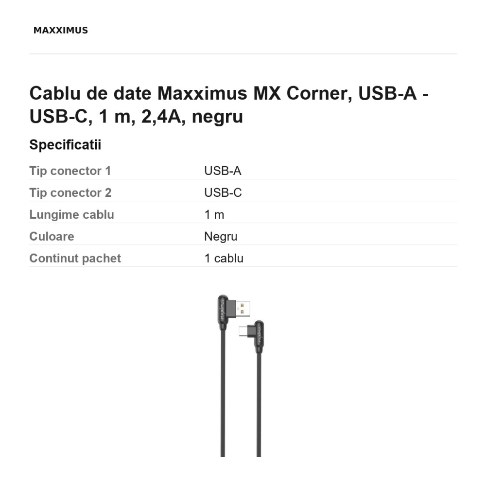 Cablu de date Maxximus MX Corner, USB-A - USB-C, 1 m, 2,4A, negru [3]