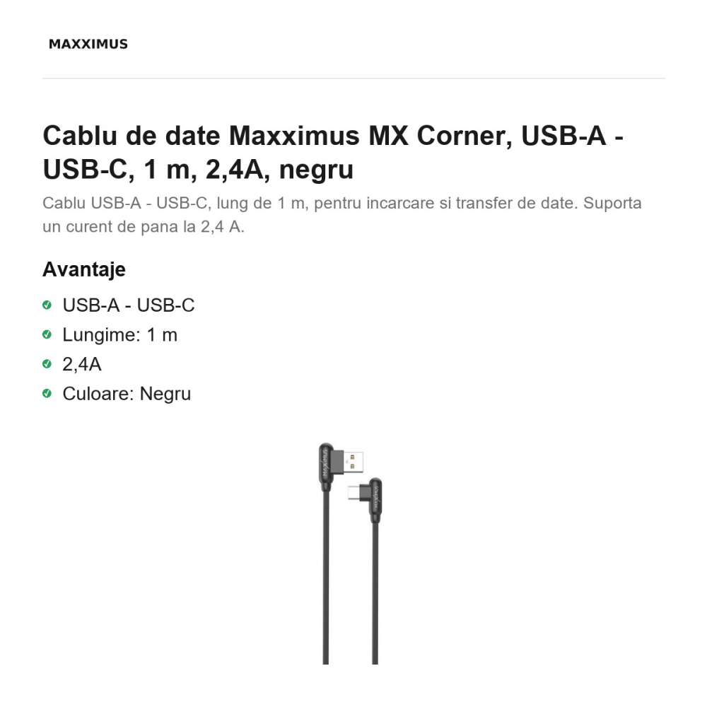 Cablu de date Maxximus MX Corner, USB-A - USB-C, 1 m, 2,4A, negru [2]