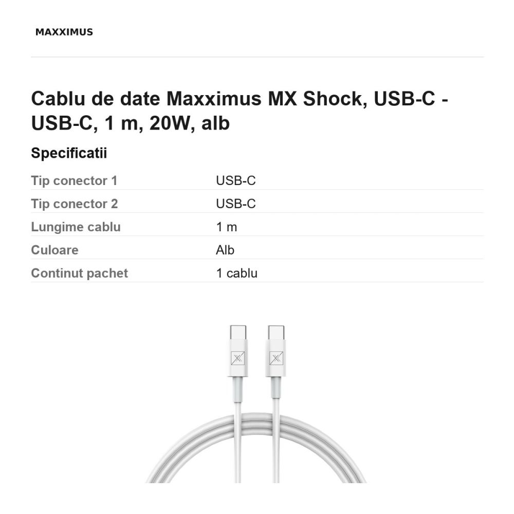 Cablu de date Maxximus MX Shock, USB-C - USB-C, 1 m, 20W, alb [3]