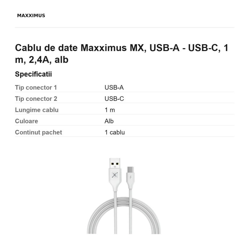 Cablu de date Maxximus MX, USB-A - USB-C, 1 m, 2,4A, alb [3]