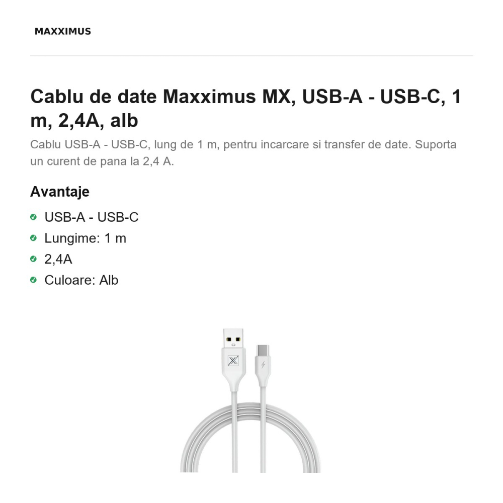 Cablu de date Maxximus MX, USB-A - USB-C, 1 m, 2,4A, alb [2]