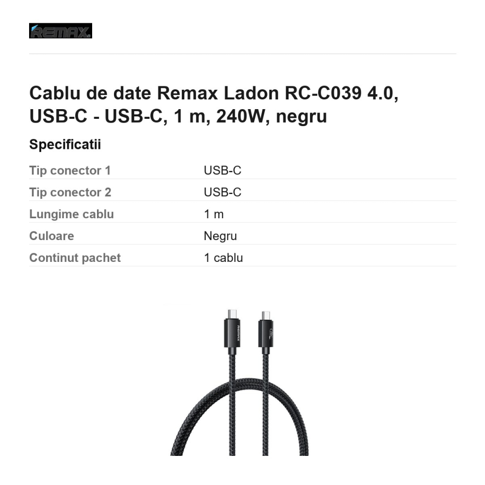 Cablu de date Remax Ladon RC-C039 4.0, USB-C - USB-C, 1 m, 240W, negru [3]