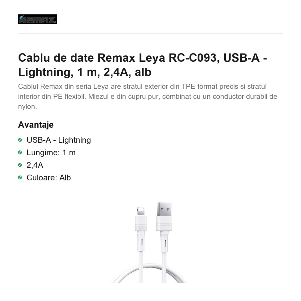 Cablu de date Remax Leya RC-C093, USB-A - Lightning, 1 m, 2,4A, alb [2]