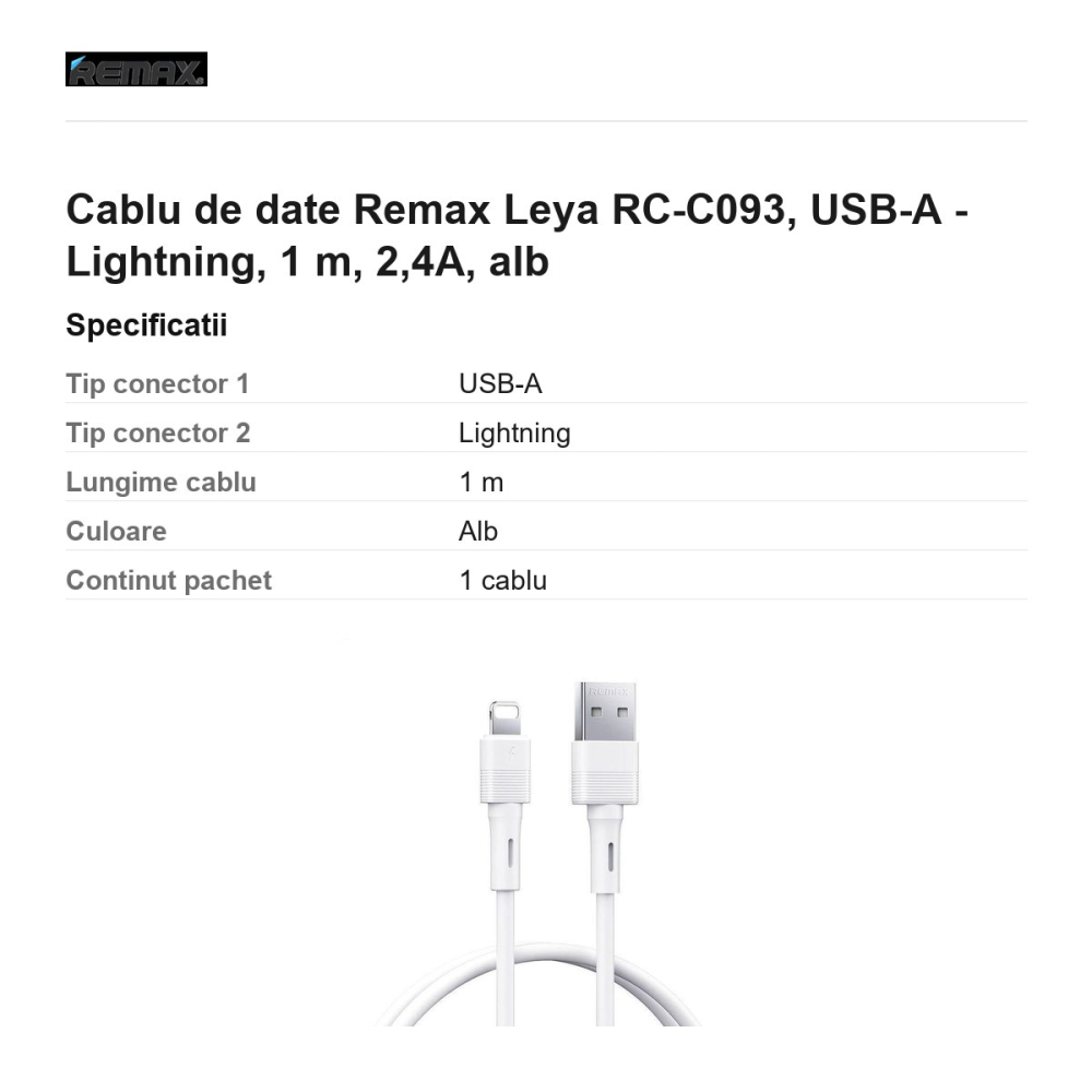 Cablu de date Remax Leya RC-C093, USB-A - Lightning, 1 m, 2,4A, alb [3]