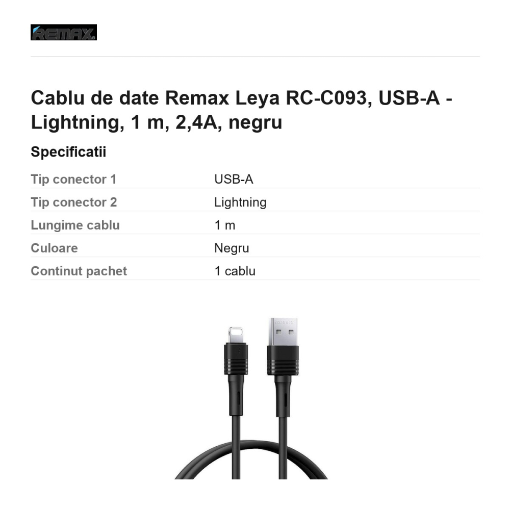 Cablu de date Remax Leya RC-C093, USB-A - Lightning, 1 m, 2,4A, negru [3]