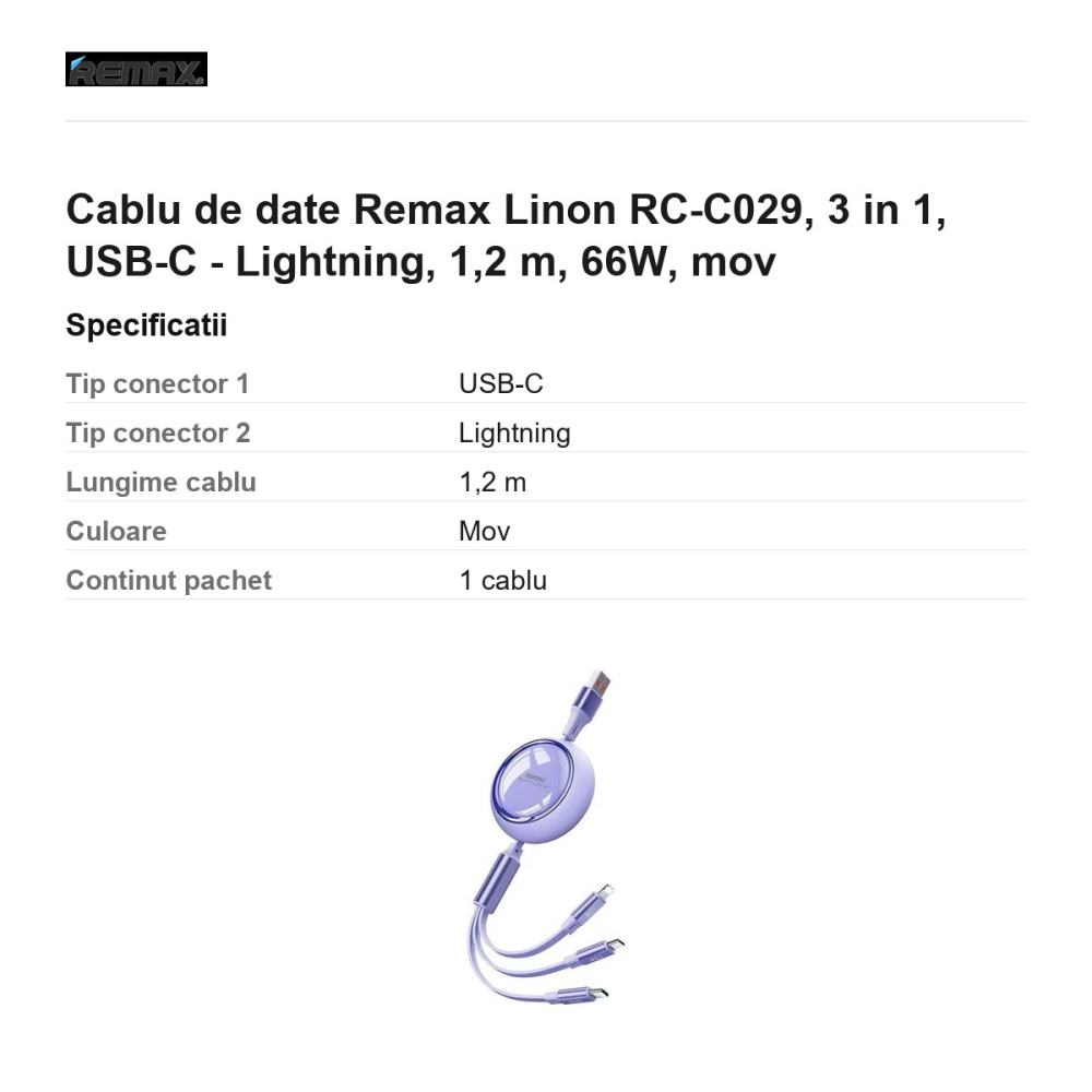 Cablu de date Remax Linon RC-C029, 3 in 1, USB-C - Lightning, 1,2 m, 66W, mov [3]