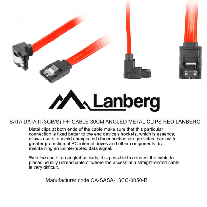 Cablu de conectare cu un conector in linie dreapta si unul inclinat , Lanberg , SATA Data II mama/mama 3GB/S , 0.5m , rosu [3]