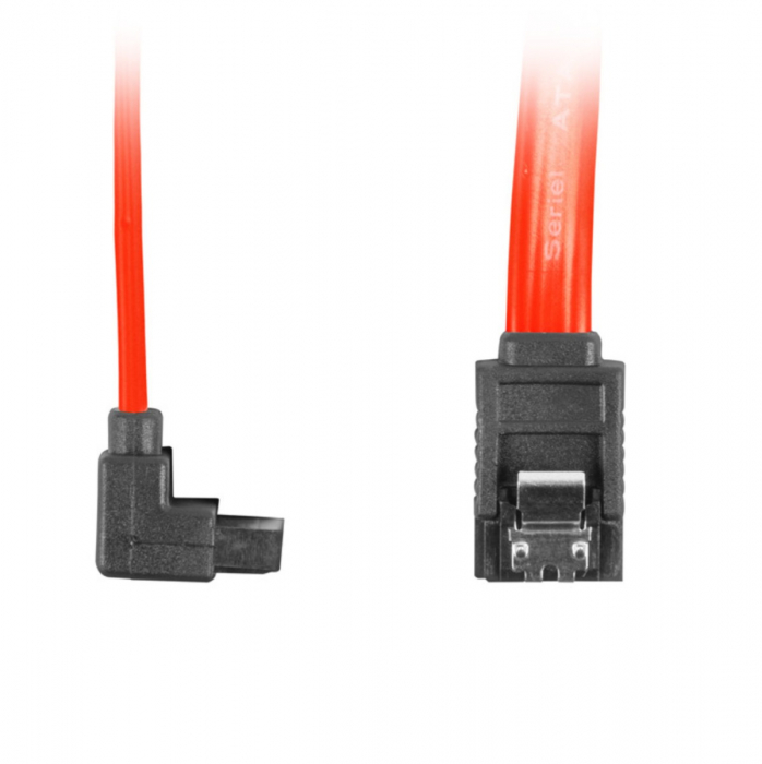 Cablu de conectare cu un conector in linie dreapta si unul inclinat , Lanberg , SATA Data II mama/mama 6GB/S , 0.3 m , rosu [2]